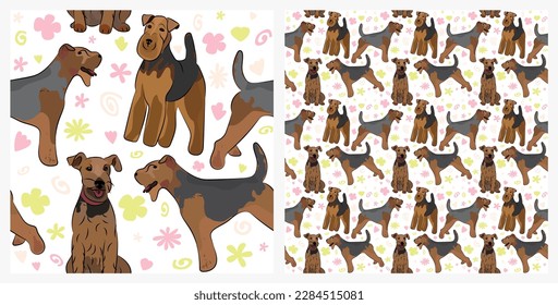 Spring pattern with spirals, leaf, flowers, welsh terrier dogs. Pastel colors. Elegant, soft seamless background, abstract summer pattern with hand-drawn colorful shapes. Delicate, gender-neutral.