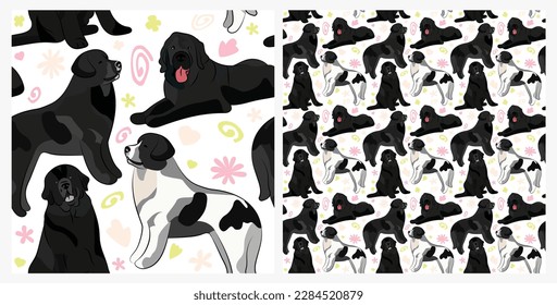 Spring pattern with spirals, leaf, flowers, 
Newfoundland dogs. Pastel colors. Elegant, soft seamless background, abstract summer pattern with hand-drawn colorful shapes. Delicate, gender-neutral.