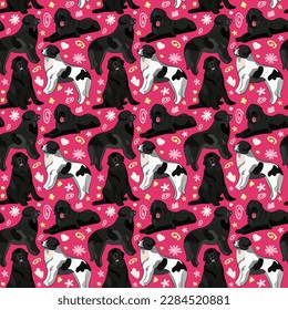 Spring pattern with spirals, leaf, flowers, 
Newfoundland dogs. Pastel colors. Elegant, soft seamless background, abstract summer pattern with hand-drawn colorful shapes. Delicate, gender-neutral.
