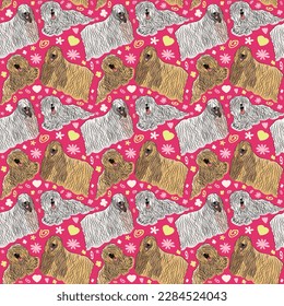 Spring pattern with spirals, leaf, flowers, Komondor dogs. Pastel colors. Elegant, soft seamless background, abstract summer pattern with hand-drawn colorful shapes. Delicate, gender-neutral, child's.