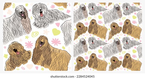 Spring pattern with spirals, leaf, flowers, Komondor dogs. Pastel colors. Elegant, soft seamless background, abstract summer pattern with hand-drawn colorful shapes. Delicate, gender-neutral, child's.