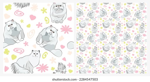 Patrón de primavera con espirales, hojas, flores, gatos persas. Colores pasteles. Elegante, suave y transparente fondo, patrón de verano abstracto con formas coloridas dibujadas a mano. Delicado, neutral en cuanto a género, infantil.