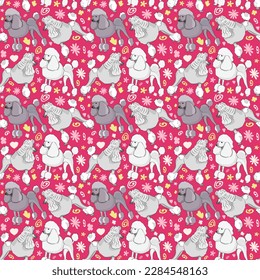 Spring pattern with spirals, leaf, flowers, Poodle dogs. Pastel colors. Elegant, soft seamless background, abstract summer pattern with hand-drawn colorful shapes. Delicate, gender-neutral, child's