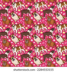 Spring pattern with spirals, leaf, flowers, English bulldog dogs. Pastel colors. Elegant, soft seamless background, abstract summer pattern with hand-drawn colorful shapes. Delicate, gender-neutral