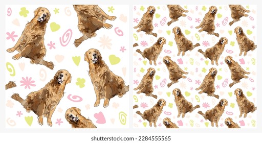 Spring pattern with spirals, leaf, flowers, golden retriever dogs. Pastel colors. Elegant, soft seamless background, abstract summer pattern with hand-drawn colorful shapes. Delicate, gender-neutral.