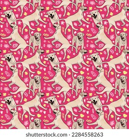 Spring pattern with spirals, leaf, flowers, labrador retriever dogs. Pastel colors. Elegant, soft seamless background, abstract summer pattern with hand-drawn colorful shapes. Delicate, gender-neutral