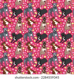 Spring pattern with spirals, leaf, flowers, pitbull dogs. Pastel colors. Elegant, soft seamless background, abstract summer pattern with hand-drawn colorful shapes. Delicate, gender-neutral.