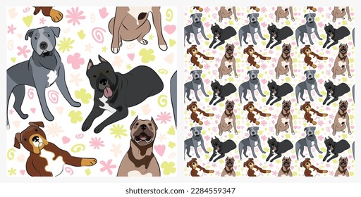 Spring pattern with spirals, leaf, flowers, pitbull dogs. Pastel colors. Elegant, soft seamless background, abstract summer pattern with hand-drawn colorful shapes. Delicate, gender-neutral.