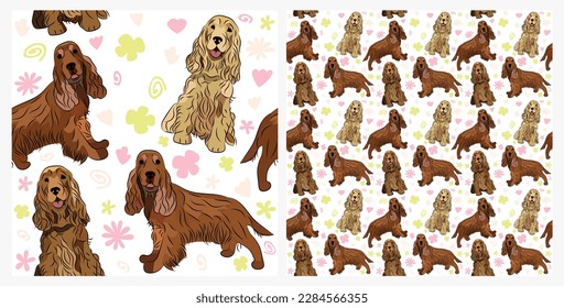 Spring pattern with spirals, leaf, flowers, cocker spaniel dogs. Pastel colors. Elegant, soft seamless background, abstract summer pattern with hand-drawn colorful shapes. Delicate, gender-neutral.