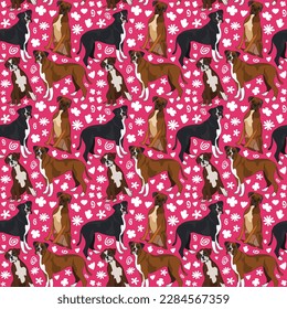 Spring pattern with spirals, leaf, flowers, boxer dogs. Pastel colors. Elegant, soft seamless background, abstract summer pattern with hand-drawn colorful shapes.Delicate, gender-neutral, child's room