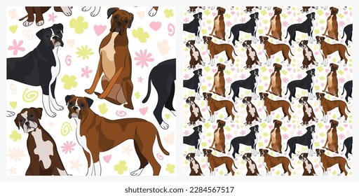 Spring pattern with spirals, leaf, flowers, boxer dogs. Pastel colors. Elegant, soft seamless background, abstract summer pattern with hand-drawn colorful shapes.Delicate, gender-neutral, child's room