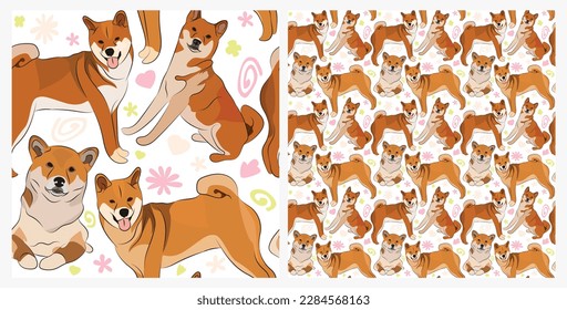 Spring pattern with spirals, leaf, flowers, Shiba Inu dogs. Pastel colors. Elegant, soft seamless background, abstract summer pattern with hand-drawn colorful shapes. Delicate, gender-neutral.