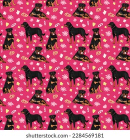 Spring pattern with spirals, leaf, flowers, Rottweiler dogs. Pastel colors. Elegant, soft seamless background, abstract summer pattern with hand-drawn colorful shapes. Delicate, gender-neutral, child.