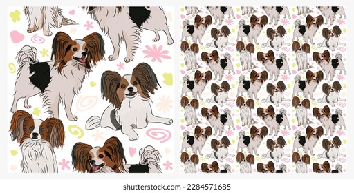 Spring pattern with spirals, leaf, flowers, Papillon dogs. Pastel colors. Elegant, soft seamless background, abstract summer pattern with hand-drawn colorful shapes. Delicate, gender-neutral, child's.