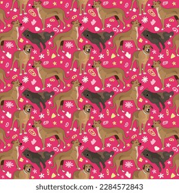 Spring pattern with spirals, leaf, flowers, mutt, mixed-breed dogs. Pastel colors. Elegant, soft seamless background, abstract summer pattern with hand-drawn colorful shapes. Delicate, gender-neutral.