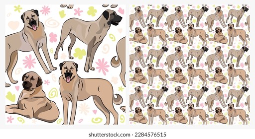 Spring pattern with spirals, leaf, flowers, 
Kangal dogs. Pastel colors. Elegant, soft seamless background, abstract summer pattern with hand-drawn colorful shapes. Delicate, gender-neutral, child's.