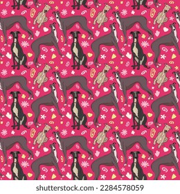 Spring pattern with spirals, leaf, flowers, 
Greyhound dogs. Pastel colors. Elegant, soft seamless background, abstract summer pattern with hand-drawn colorful shapes. Delicate, gender-neutral, child.