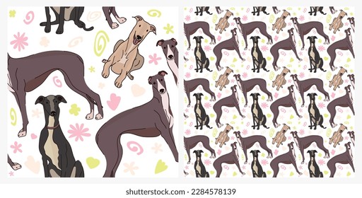 Spring pattern with spirals, leaf, flowers, 
Greyhound dogs. Pastel colors. Elegant, soft seamless background, abstract summer pattern with hand-drawn colorful shapes. Delicate, gender-neutral, child.