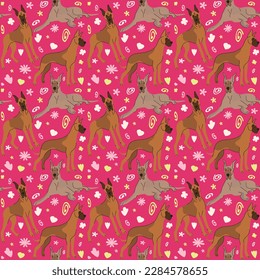 Spring pattern with spirals, leaf, flowers, 
Great Dane dogs. Pastel colors. Elegant, soft seamless background, abstract summer pattern with hand-drawn colorful shapes. Delicate, gender-neutral, child