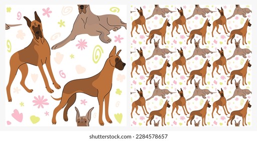 Spring pattern with spirals, leaf, flowers, 
Great Dane dogs. Pastel colors. Elegant, soft seamless background, abstract summer pattern with hand-drawn colorful shapes. Delicate, gender-neutral, child