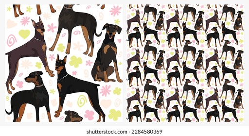 Spring pattern with spirals, leaf, flowers, 
Doberman dogs. Pastel colors. Elegant, soft seamless background, abstract summer pattern with hand-drawn colorful shapes. Delicate, gender-neutral, child's