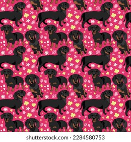 Spring pattern with spirals, leaf, flowers, 
dachshund, doxie dogs. Pastel colors. Elegant, soft seamless background, abstract summer pattern with hand-drawn colorful shapes. Delicate, gender-neutral