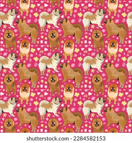 Spring pattern with spirals, leaf, flowers, 
chow chow dogs. Pastel colors. Elegant, soft seamless background, abstract summer pattern with hand-drawn colorful shapes. Delicate, gender-neutral, child.