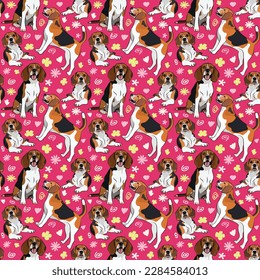 Spring pattern with spirals, leaf, flowers, 
Beagle dogs. Pastel colors. Elegant, soft seamless background, abstract summer pattern with hand-drawn colorful shapes. Delicate, gender-neutral, child's.