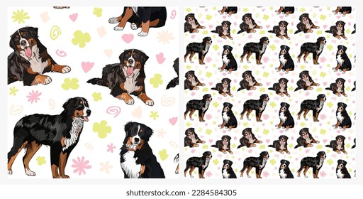 Spring pattern with spirals, leaf, flowers, 
Bernese Mountain dogs. Pastel colors. Elegant, soft seamless background, abstract summer pattern with hand-drawn colorful shapes. Delicate, gender-neutral.