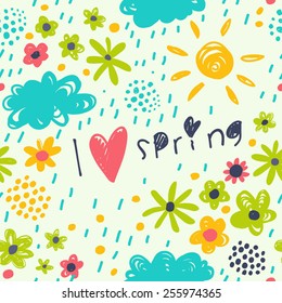 Spring pattern with sun, flowers, labels. Romantic concept seamless background with a lot of colorful flowers.