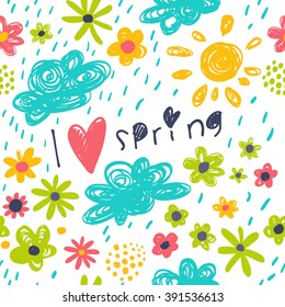 Spring pattern with sun, flowers, labels. Seamless pattern in the concept of children's drawings. Vector background "I love spring"