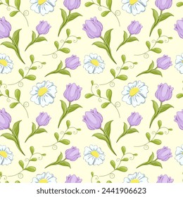 Patrón de primavera con tulipanes y manzanilla