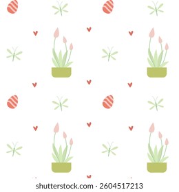 Spring pattern with tulips, Easter eggs and dragonfly
