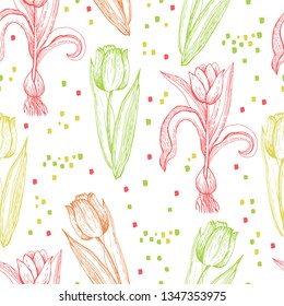 
Spring pattern with tulips. Endless ornament for a variety of decorative surfaces. Vintage motive.