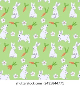 Spring pattern with white bunnies and carrots. Flat hand drawn white bunny on green background. Unique retro print design for textile, wallpaper, interior, wrapping