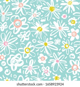 Spring pattern with white flowers on a blue background. Seamless vector background. Great for fabrics, surfaces, web, prints, banners and postcards.