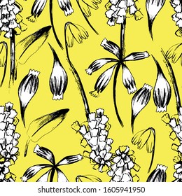 Spring pattern with wildflowers. Black and white ink engraved art. hand-made graphics, botany. Primroses of various shapes. Flower pattern. Isolated illustration on a yellow background. For textile