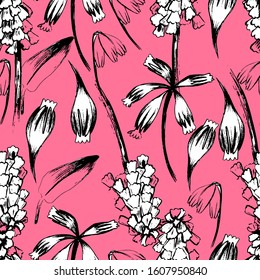 Spring pattern with wildflowers. Black and white ink engraved art. hand-made graphics, botany. Primroses of various shapes. Flower pattern. Isolated illustration on a pink background. For textile