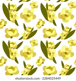 Spring pattern of yellow flowers on stems. Background of vector images of realistic rose petals, flowers, branches, leaves. Printing on textiles and paper. Gift wrapping for Mother's Day, birthday.