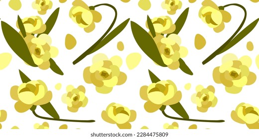 Spring pattern of yellow flowers on stems. Background of vector images of realistic rose petals, flowers, branches, leaves. Printing on textiles and paper. Gift wrapping for Mother's Day, birthday.