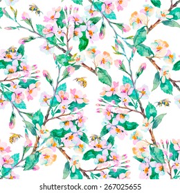 Spring pattern.Flowering branches and bees. Watercolor. Vector.