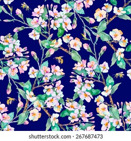 Spring pattern.Flowering branches and bees. Watercolor. Vector.Blue background.