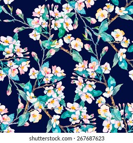 Spring pattern.Flowering branches. Watercolor. Vector.