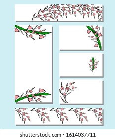 Spring patterns with cute bouquets of tulips and pink twigs of flowers. For Easter, decoration, announcements, cards, advertising, invitations, weddings, posters, print. Vector stock illustration.