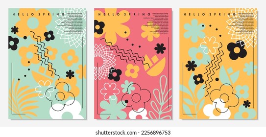 Spring patterns and document templates with colorful flowers and plants vector shapes. Abstract nature backdrop cover illustration. 