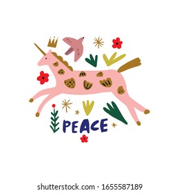 Spring peace lettering unicorn greeting card. Horse with folk nordic floral ornament. Paper cut animal in flat modern scandinavian style. Hand drawn colored set. Hygge and lagom design concept. Vector