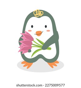 Pingüinos de primavera. Pingüino de dibujos animados en estilo plano. Pingüino con flores.