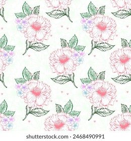 Spring peony flower seamless pattern with line art colorful flower. Chines peon and little flower background