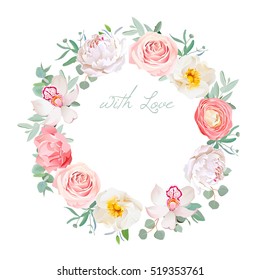 Spring peony, rose, ranunculus, orchid, carnation, eucalyptus leaves round vector design floral frame. Cute wedding flowers.  All elements are isolated and editable