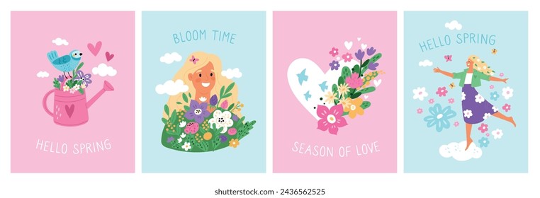 Tarjetas de primavera. Chicas hermosas felices. Flores y pájaros de primavera. Buen tiempo. Cambio de estación. Floración de plantas. Despertar de la naturaleza. Regadera. Ramo de flores